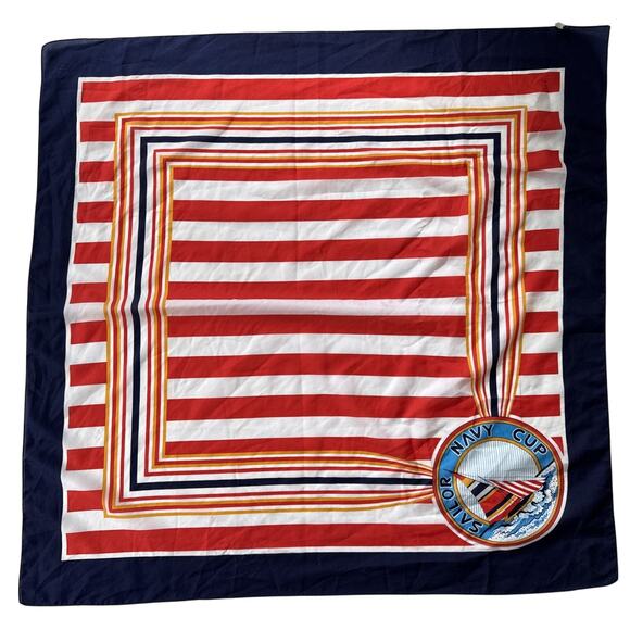 Vintage Nautical Scarf Sailor Navy Cup Red White Blue Stripe Preppy Retro 30” - Picture 1 of 15